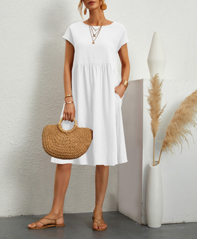Summer Short-sleeved Dress With Pockets Fashion Solid Round Neck A-line Dresses For Women Clothing