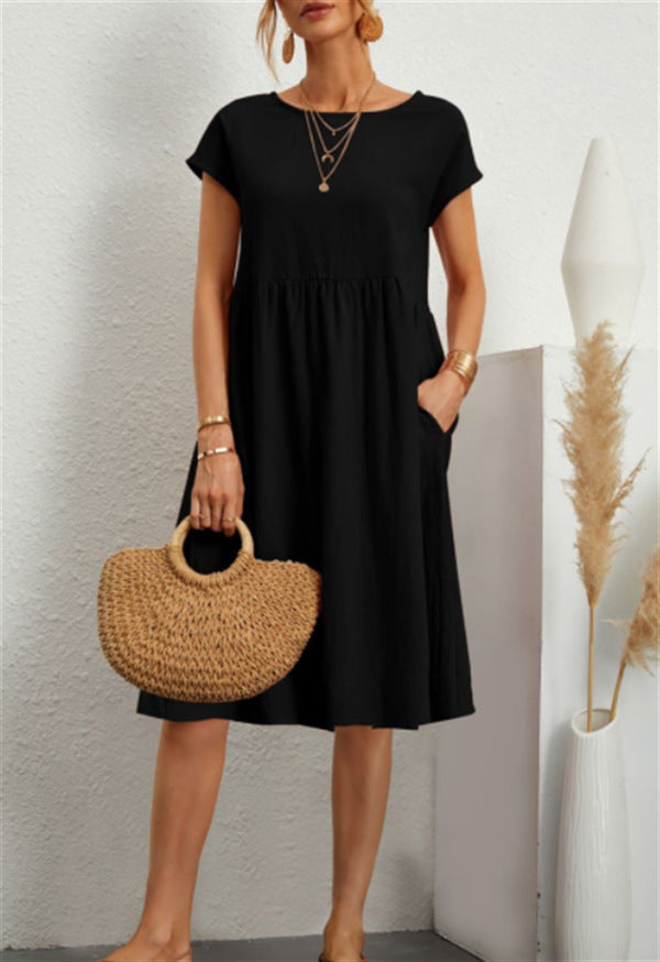 Summer Short-sleeved Dress With Pockets Fashion Solid Round Neck A-line Dresses For Women Clothing