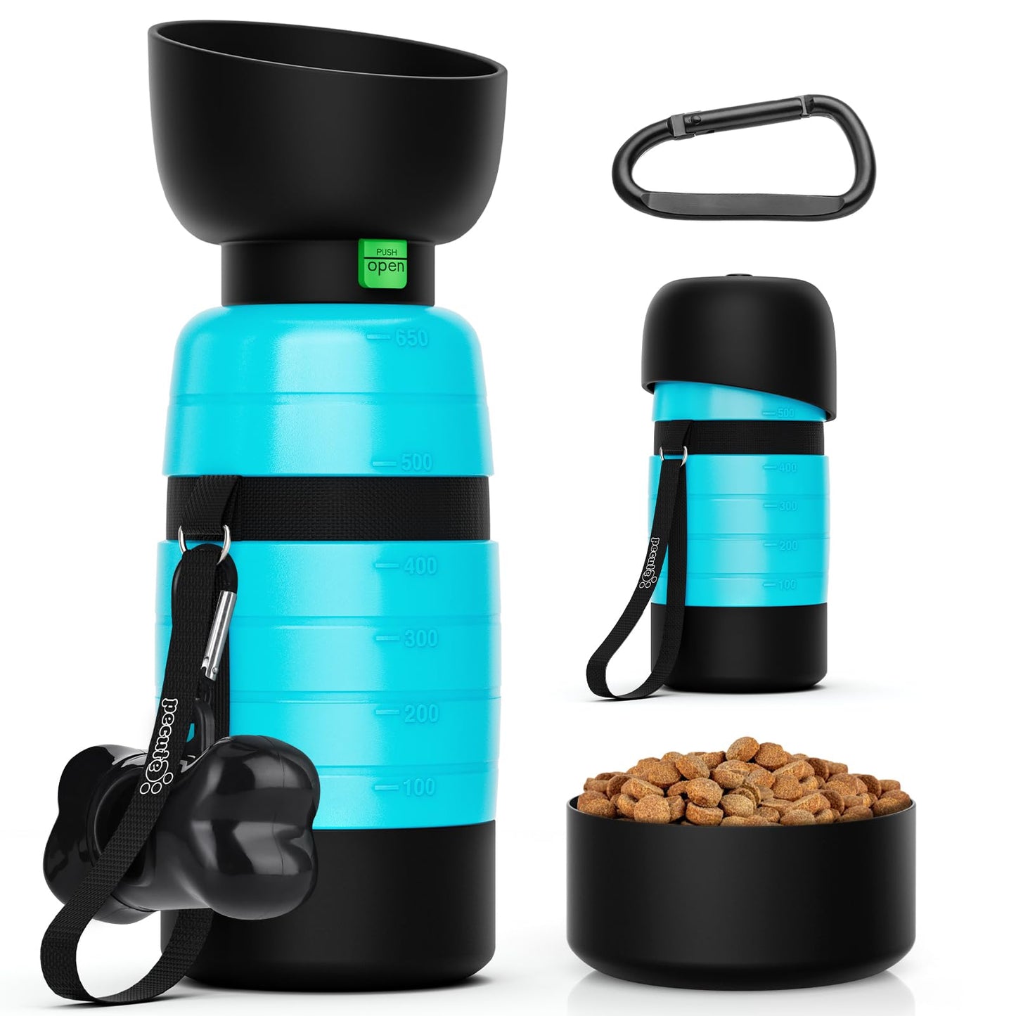 Pecute Upgraded 22 oz Dog Water Bottle with 5 oz Food Container, Portable Dog Travel Water Bottle Dispenser, Leakproof, BPA Free, Lightweight, Pet Water Bottle Bowl for Outdoor Walking Hiking Camping