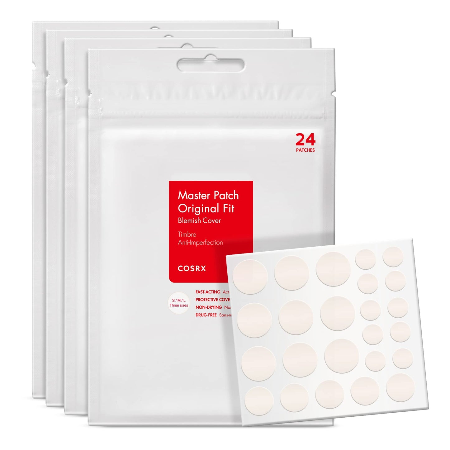 COSRX Acne Pimple Patch Absorbing Hydrocolloid Original 3 Size Patches for Blemishes and Zits Cover, Spot Stickers for Face and Body, Not Tested on Animals (72)