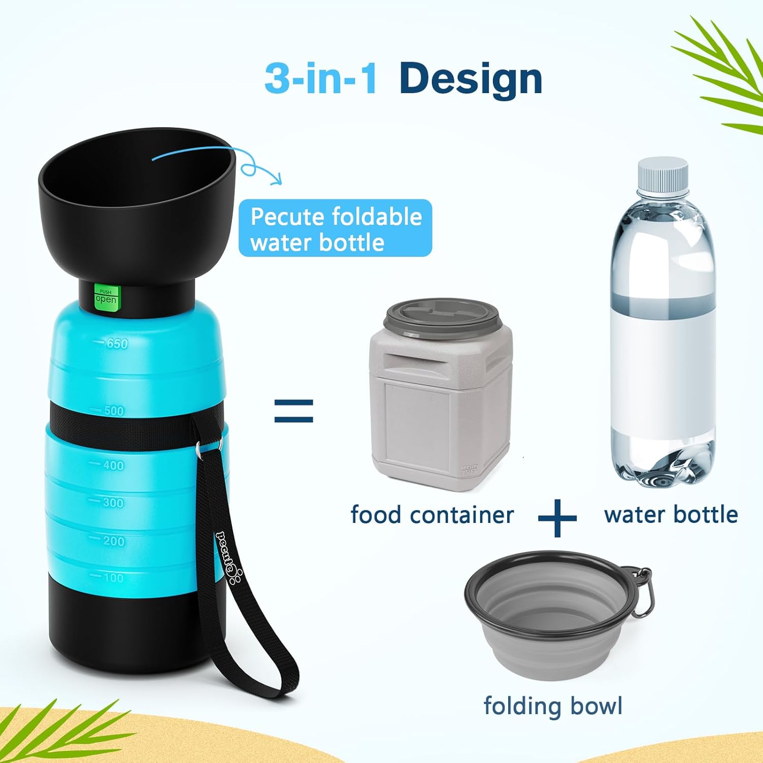 Pecute Upgraded 22 oz Dog Water Bottle with 5 oz Food Container, Portable Dog Travel Water Bottle Dispenser, Leakproof, BPA Free, Lightweight, Pet Water Bottle Bowl for Outdoor Walking Hiking Camping