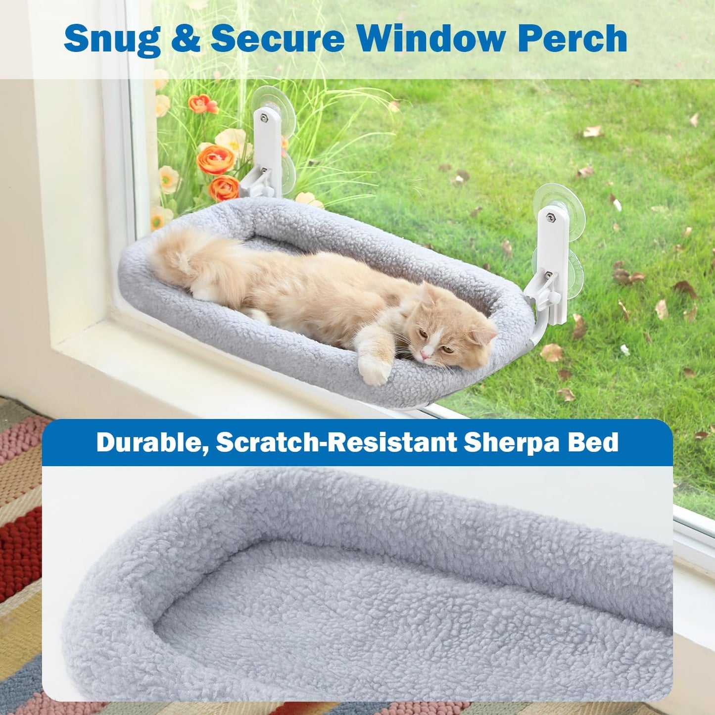 Foldable Cat Hammock for Window - Cordless, Embeded Machine Washable Bed, Robust Metal Frame - Cat Window Perch for Large Cats and Kittens (Gray Bolster Bed, Medium)