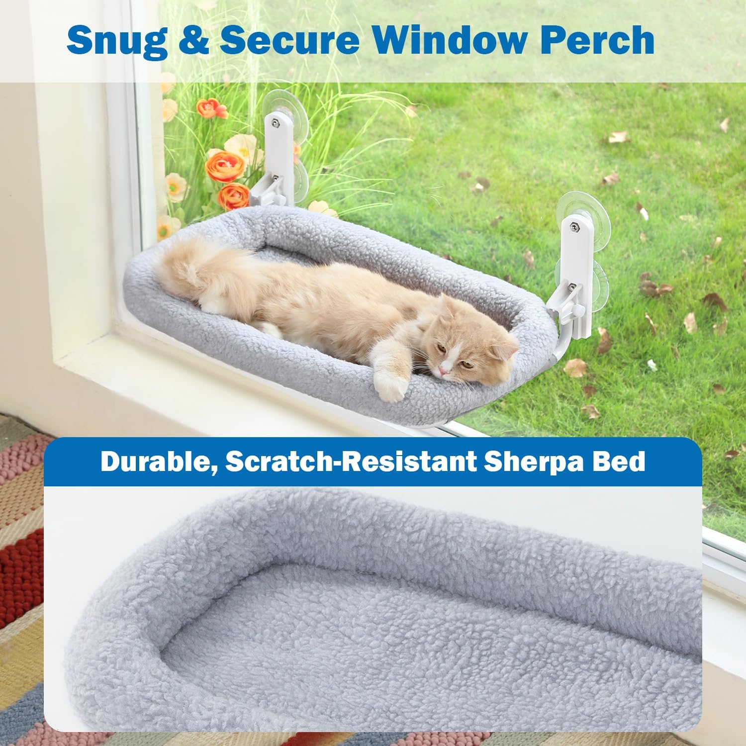 Foldable Cat Hammock for Window - Cordless, Embeded Machine Washable Bed, Robust Metal Frame - Cat Window Perch for Large Cats and Kittens (Gray Bolster Bed, Medium)