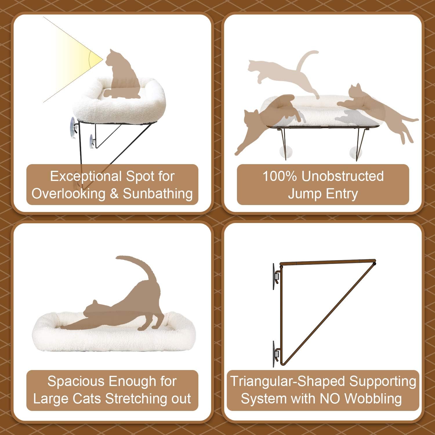 Cat Window Perch - 100% Metal Supported from Below - Comes with Warm Spacious Pet Bed - Cat Window Hammock for Large Cats & Kittens - for Sunbathing, Napping & Overlooking (White)