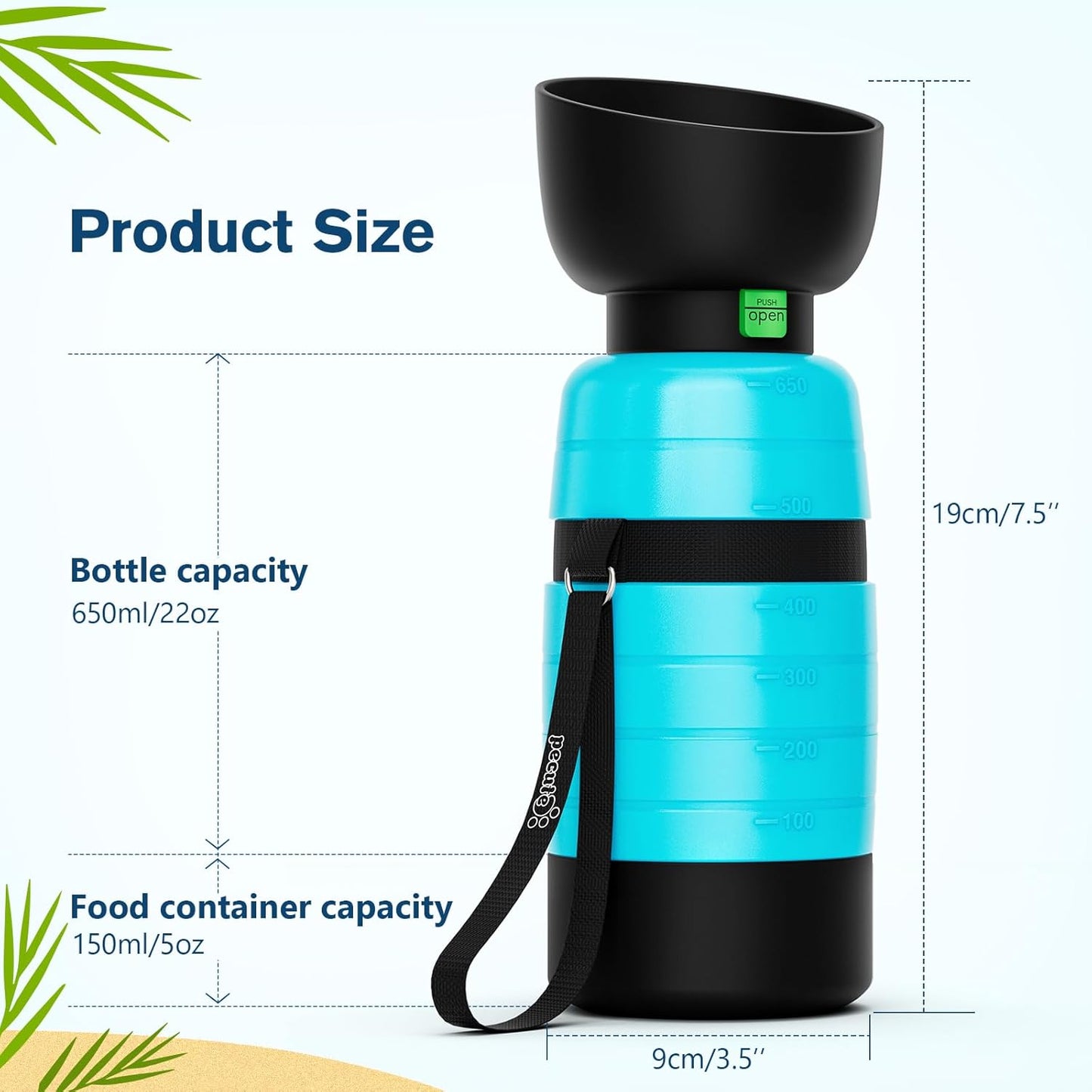 Pecute Upgraded 22 oz Dog Water Bottle with 5 oz Food Container, Portable Dog Travel Water Bottle Dispenser, Leakproof, BPA Free, Lightweight, Pet Water Bottle Bowl for Outdoor Walking Hiking Camping