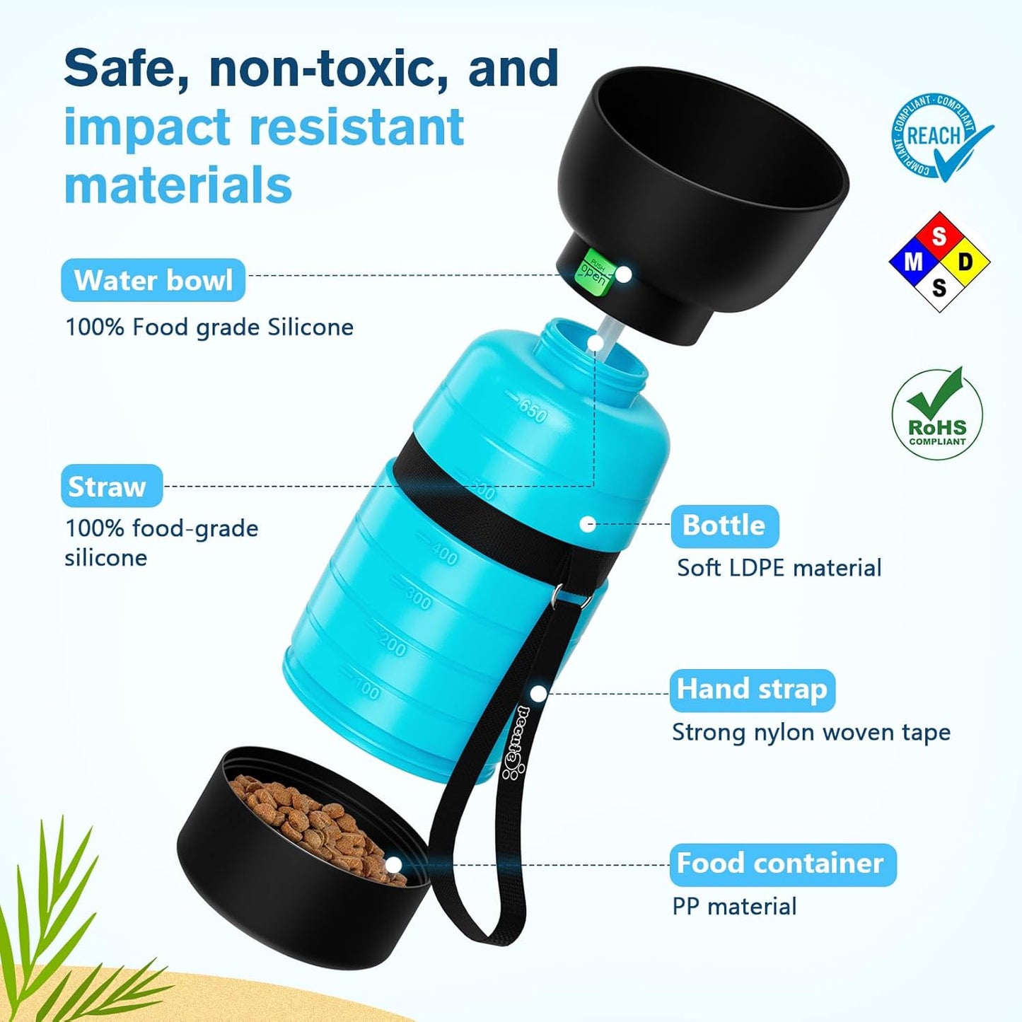 Pecute Upgraded 22 oz Dog Water Bottle with 5 oz Food Container, Portable Dog Travel Water Bottle Dispenser, Leakproof, BPA Free, Lightweight, Pet Water Bottle Bowl for Outdoor Walking Hiking Camping