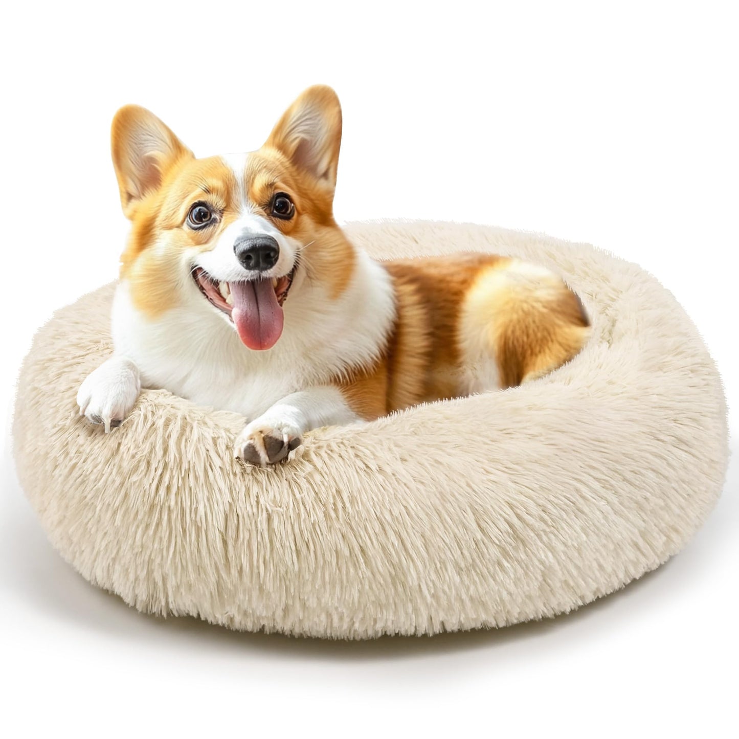 Hoewina Dog & Cat Bed for Indoor Cats, 20in Calming Donut Bed for Puppy and Kitten, Washable Round Fluffy Pet Bed for Small Medium Dogs and Cats (Light Grey)