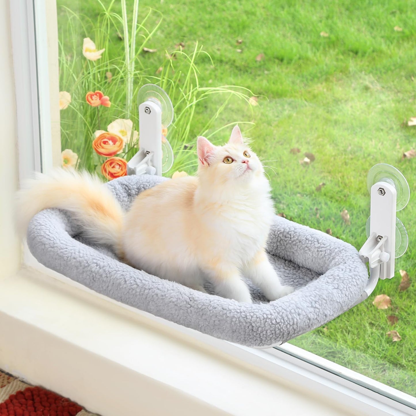 Foldable Cat Hammock for Window - Cordless, Embeded Machine Washable Bed, Robust Metal Frame - Cat Window Perch for Large Cats and Kittens (Gray Bolster Bed, Medium)