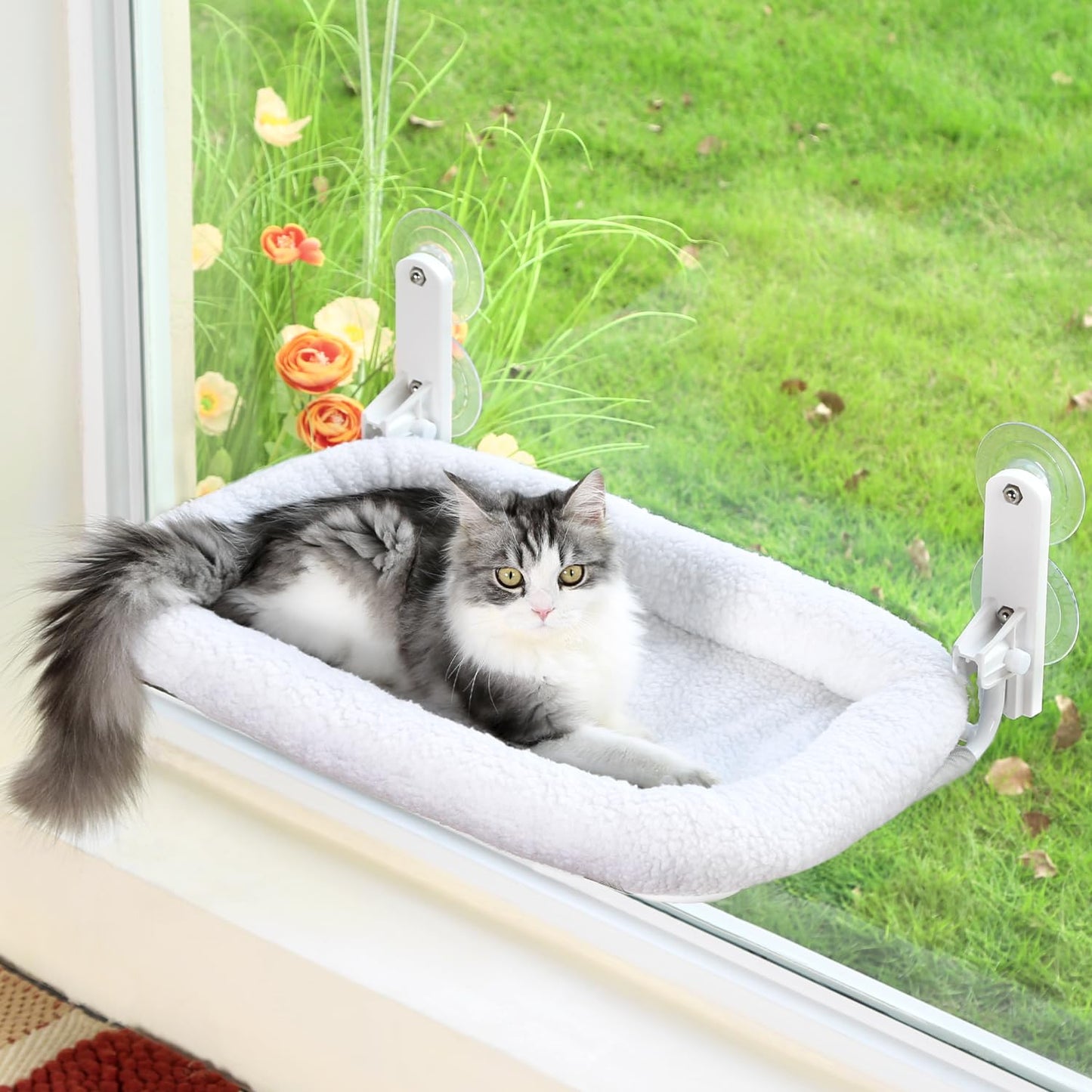 Foldable Cat Hammock for Window - Cordless, Embeded Machine Washable Bed, Robust Metal Frame - Cat Window Perch for Large Cats and Kittens (Gray Bolster Bed, Medium)