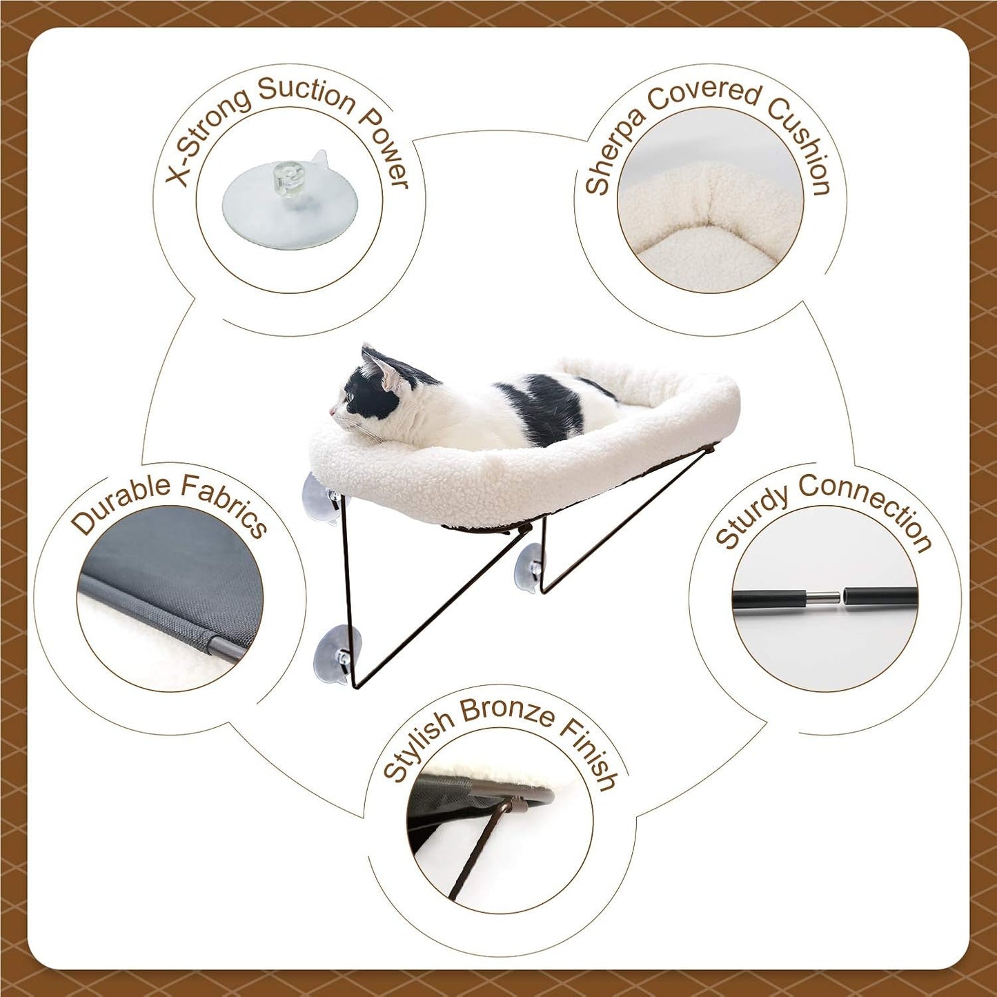 Cat Window Perch - 100% Metal Supported from Below - Comes with Warm Spacious Pet Bed - Cat Window Hammock for Large Cats & Kittens - for Sunbathing, Napping & Overlooking (White)