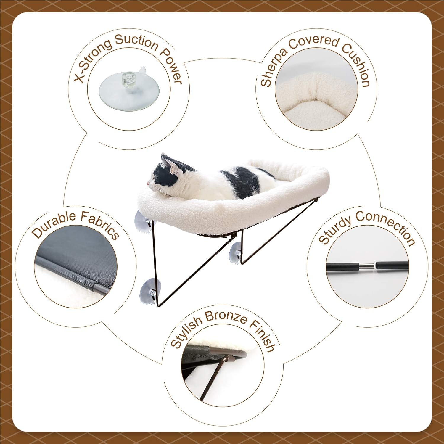 Cat Window Perch - 100% Metal Supported from Below - Comes with Warm Spacious Pet Bed - Cat Window Hammock for Large Cats & Kittens - for Sunbathing, Napping & Overlooking (White)