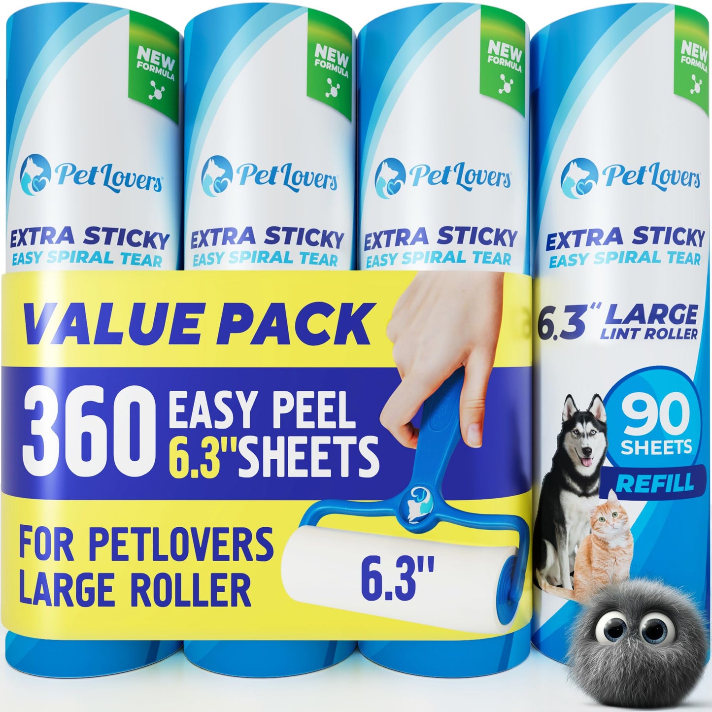 PetLovers Extra Sticky Lint Roller Mega Value Set 450 Sheets for Pet Hair Removal and Clothes, Dog and Cat Lint Remover 5 Pack