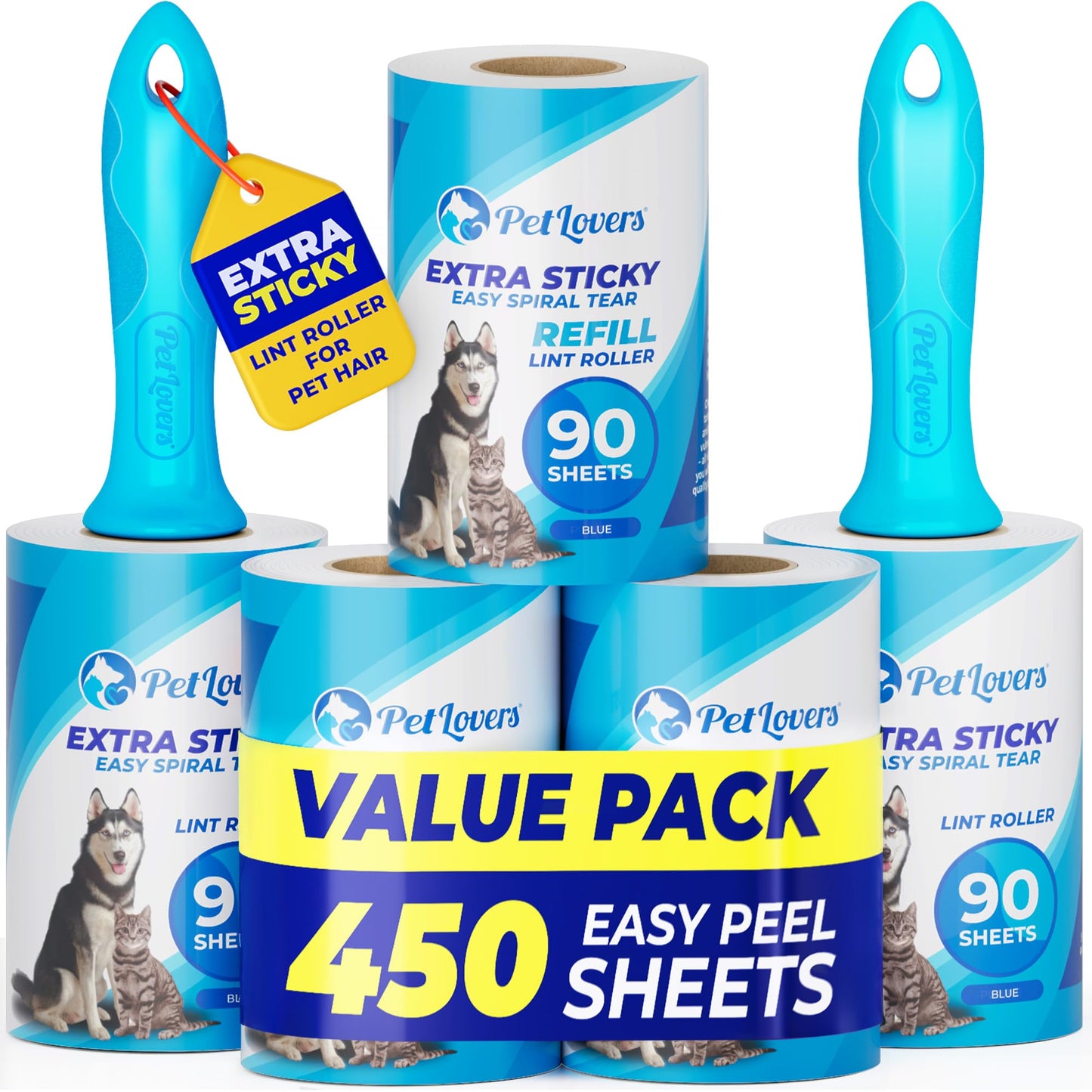 PetLovers Extra Sticky Lint Roller Mega Value Set 450 Sheets for Pet Hair Removal and Clothes, Dog and Cat Lint Remover 5 Pack