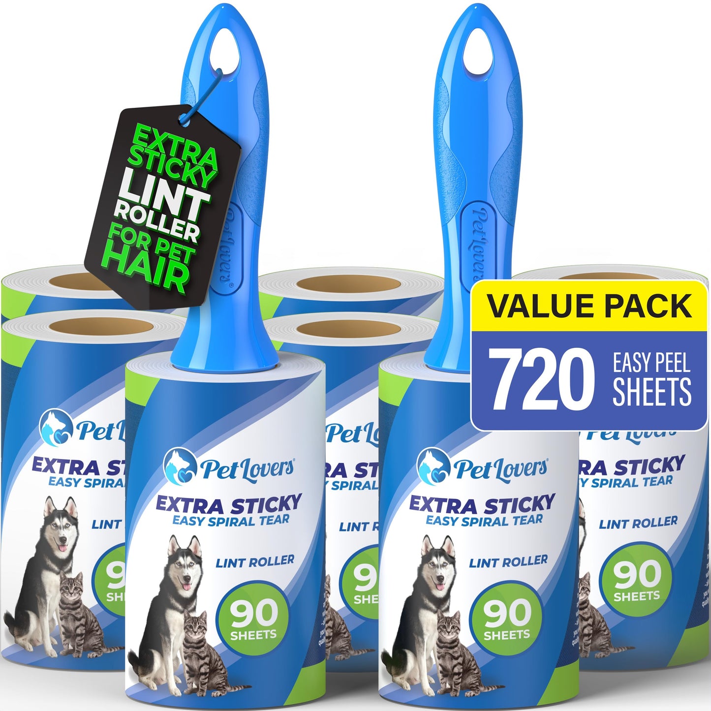 PetLovers Extra Sticky Lint Roller Mega Value Set 450 Sheets for Pet Hair Removal and Clothes, Dog and Cat Lint Remover 5 Pack