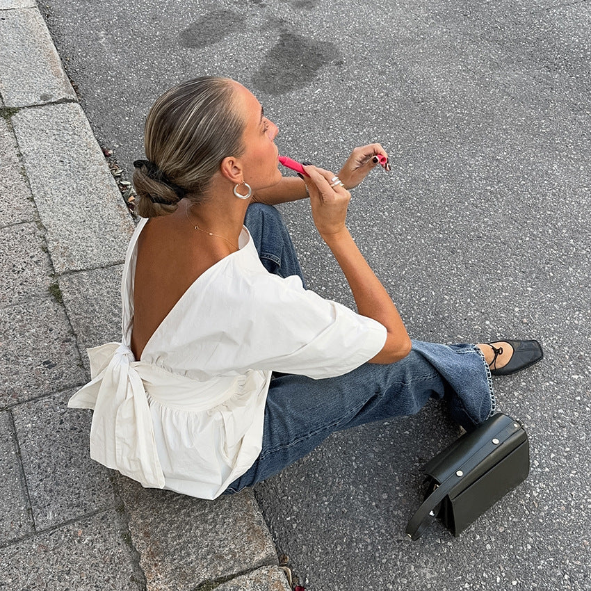 Summer Backless Short Sleeve T-shirt With Back-tied Design Fashion Bat Sleeve Top For Women Clothing