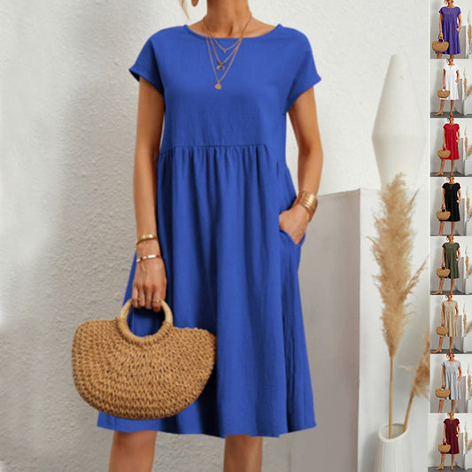 Summer Short-sleeved Dress With Pockets Fashion Solid Round Neck A-line Dresses For Women Clothing