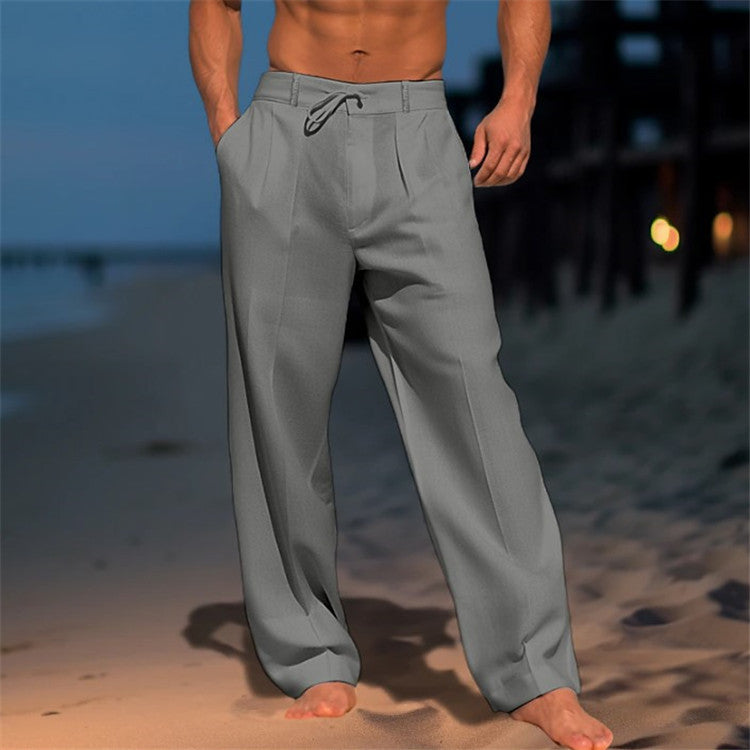 Casual Wide-Leg Straight Pants With Pockets, Fashion Drawstring Trousers For Men Clothing
